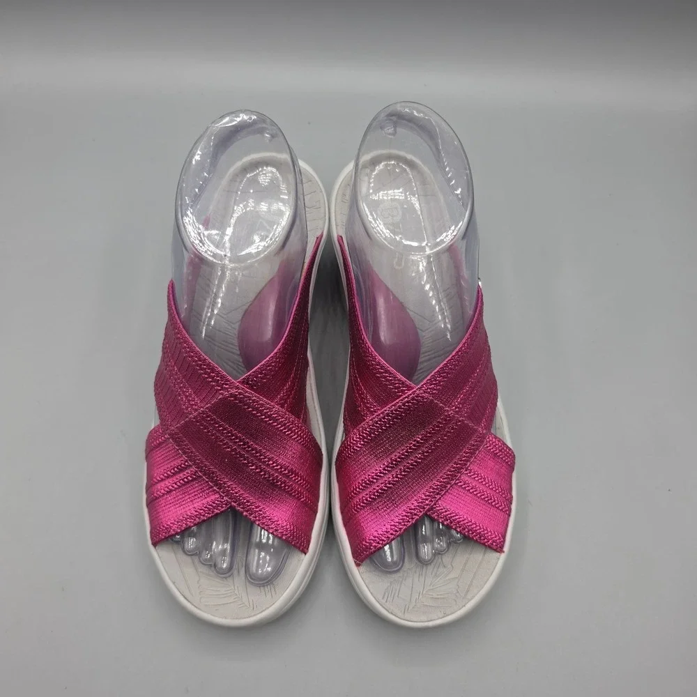 Bzees Sandals Womens 7 M Vista Pink Magenta Metallic Straps Slide Wedge Platform